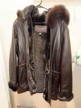 Andrew Marc New York Genuine Leather Parka Real Fox Fur Hooded Jacket